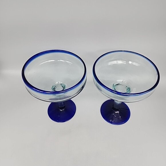 Set 2 Hand Blown Art COBALT BLUE RIM & BASE Margarita Glasses Mexico 6 1/2" Tall - Picture 2 of 4